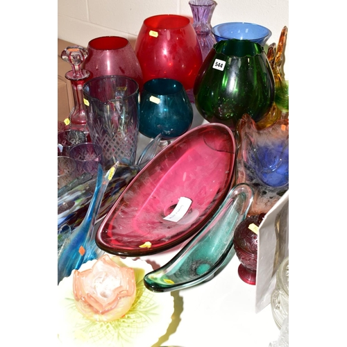 544 - A GROUP OF COLOURED GLASSWARE to include Royal Brierley iridescent glass vase and bowl, magnor of No... 