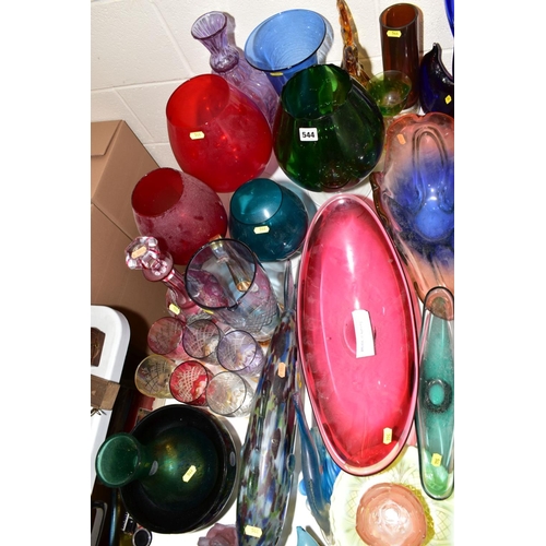 544 - A GROUP OF COLOURED GLASSWARE to include Royal Brierley iridescent glass vase and bowl, magnor of No... 