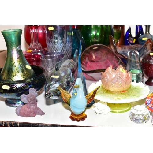 544 - A GROUP OF COLOURED GLASSWARE to include Royal Brierley iridescent glass vase and bowl, magnor of No... 