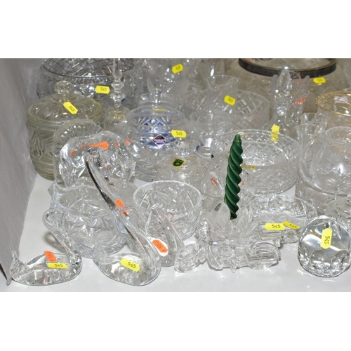 545 - A COLLECTION OF CUT GLASS etc to include vases, bowls, decanters, jugs, storage jars, ornaments etc ... 