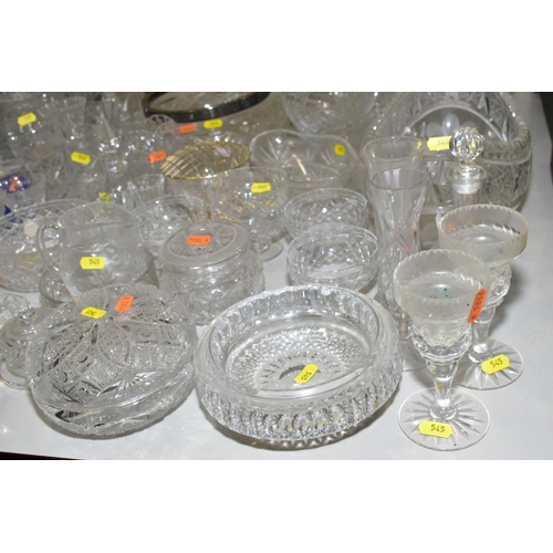 545 - A COLLECTION OF CUT GLASS etc to include vases, bowls, decanters, jugs, storage jars, ornaments etc ... 