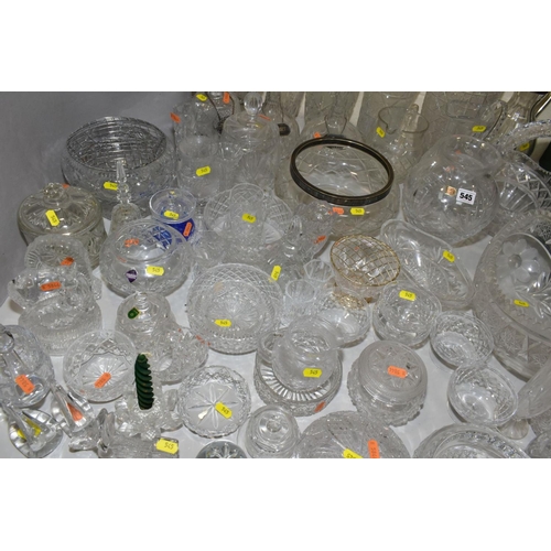 545 - A COLLECTION OF CUT GLASS etc to include vases, bowls, decanters, jugs, storage jars, ornaments etc ... 