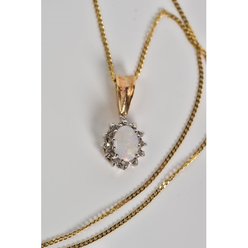 55 - A 9CT GOLD OPAL AND DIAMOND CLUSTER PENDANT NECKLACE, the pendant designed with a central claw set o... 