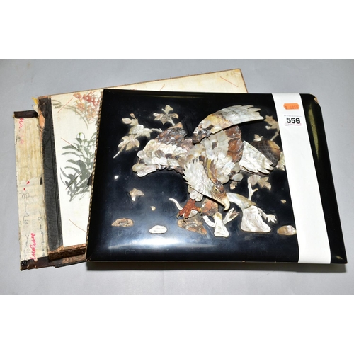 556 - A SHIBYAMA LAQUERED PHOTOGRAPH/POSTCARD ALBUM, containing 20 leaves of painted silk illustrations, t... 