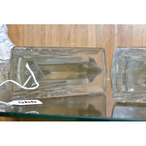 566 - A PAIR OF ART DECO FROSTED GLASS FIGURES OF RAMS, on rectangular clear glass bases, height ????, (co... 