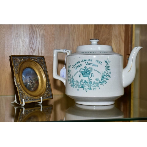 568 - A LATE 19TH CENTURY QUEEN VICTORIAN DIAMOND JUBILEE 1897 'TOWER TEA' TEA POT, printed in turquoise, ... 