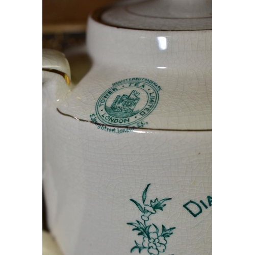 568 - A LATE 19TH CENTURY QUEEN VICTORIAN DIAMOND JUBILEE 1897 'TOWER TEA' TEA POT, printed in turquoise, ... 