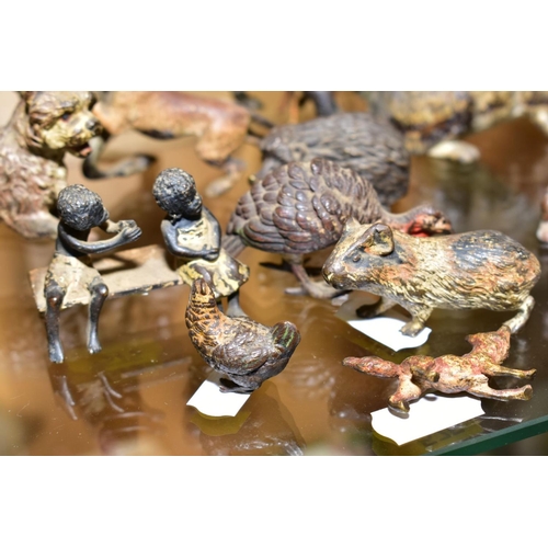 575 - A COLLECTION OF TEN MINIATURE COLD PAINTED BRONZE FIGURES AND A PAINTED SPELTER FIGURE OF TWO DOGS U... 