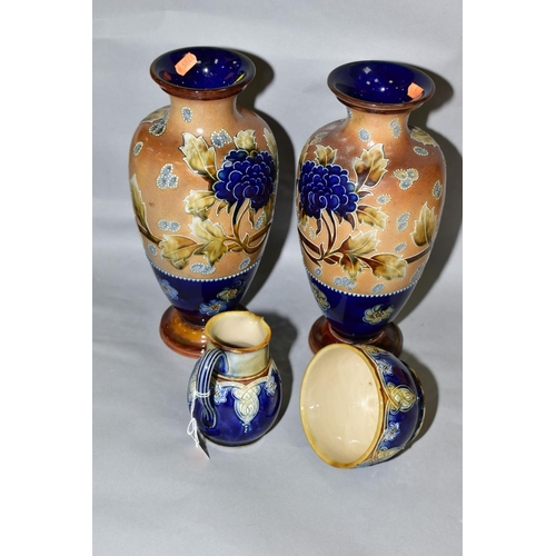 583 - A PAIR OF ROYAL DOULTON, DOULTON AND SLATTERS PATENT BALUSTER VASES, the buff textured ground tube l... 