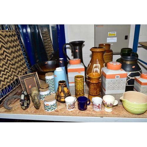 584 - A QUANTITY OF CERAMICS, etc, including a large yellow and peach glazed Le Creuset jug, diameter 18cm... 