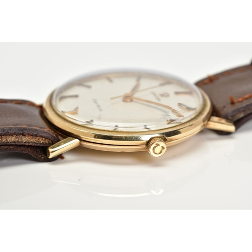 62 - A HAND WOUND 9CT GOLD CASED OMEGA GENEVE WRISTWATCH, silver dial, baton markers, gold coloured hands... 