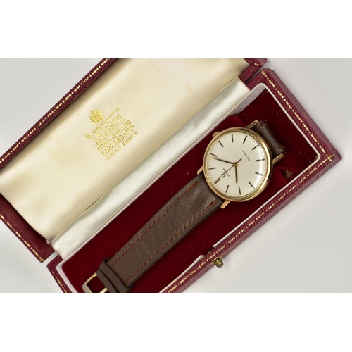 62 - A HAND WOUND 9CT GOLD CASED OMEGA GENEVE WRISTWATCH, silver dial, baton markers, gold coloured hands... 