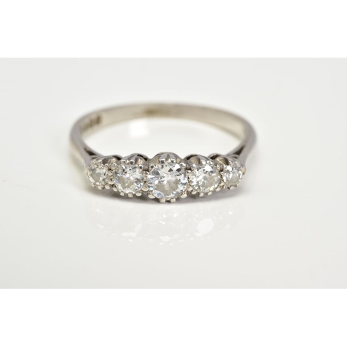 65 - A PLATINIUM FIVE STONE DIAMOND RING, designed with five claw set graduated old cut diamonds, tapered... 