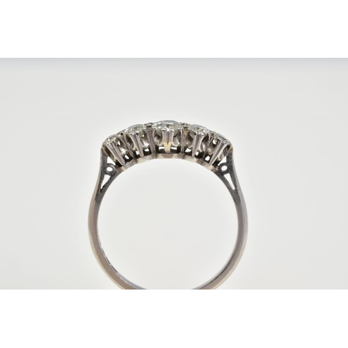 65 - A PLATINIUM FIVE STONE DIAMOND RING, designed with five claw set graduated old cut diamonds, tapered... 