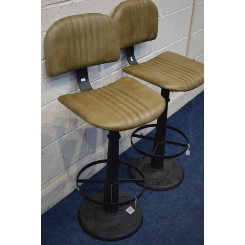 1332 - A PAIR OF MODERN METAL SWIVEL BAR STOOLS with olive green leather seats and backs