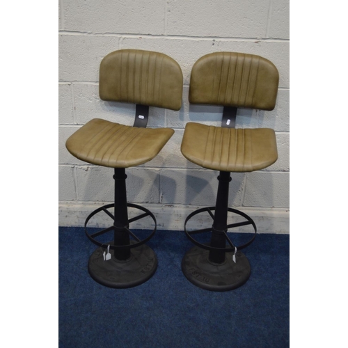 1332 - A PAIR OF MODERN METAL SWIVEL BAR STOOLS with olive green leather seats and backs