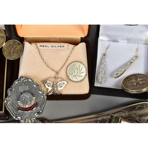 79 - A SELECTION OF ITEMS, to include a white metal filigree butterfly pendant necklace, stamped 925, a l... 