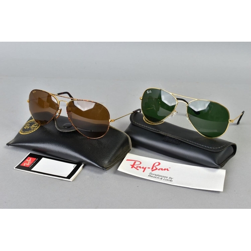 94 - TWO PAIRS OF RAY-BAN SUNGLASSES, both of aviator design, the first a yellow metal frame and dark gre... 