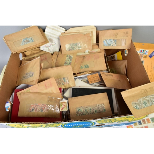 293 - LARGE QUANTITY OF STAMPS AND COVERS, in banana box in packets and three albums thousands to sort