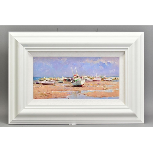 302 - HELIOS GISBERT (SPAIN 1958) 'SEASIDE SUNSHINE', Boats on the sand at low tide, signed bottom left, o... 