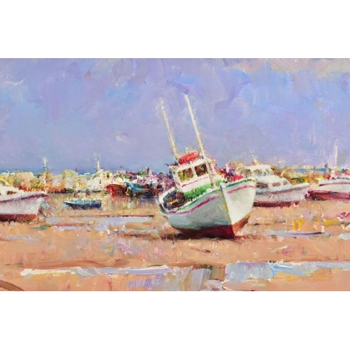 302 - HELIOS GISBERT (SPAIN 1958) 'SEASIDE SUNSHINE', Boats on the sand at low tide, signed bottom left, o... 