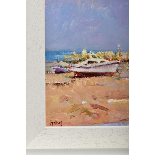 302 - HELIOS GISBERT (SPAIN 1958) 'SEASIDE SUNSHINE', Boats on the sand at low tide, signed bottom left, o... 