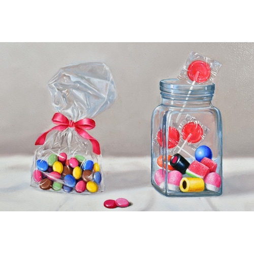 303 - RAQUEL CARBONELL (SPAIN 1973) 'SWEETS/DULCES', a still life study of sweets in a bag and jar, signed... 