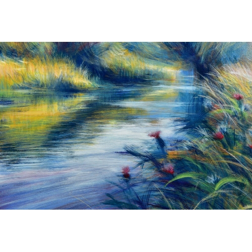 309 - NICK ANDREW (BRITISH 1957) 'TACIRSA', An impressionist scene of a river, signed bottom right, oil on... 