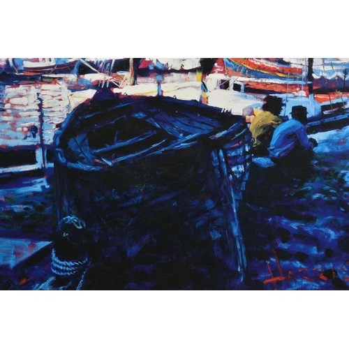 310 - ROLF HARRIS (AUSTRALIAN 1930) 'IN THE SHADE', A limited edition print of boats and sailors in harbou... 