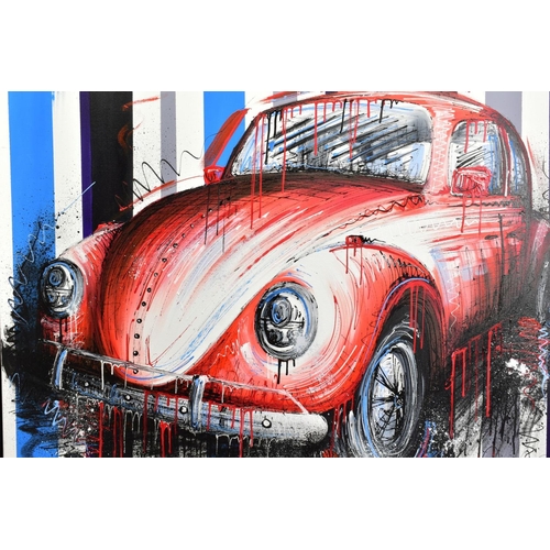 321 - SAMANTHA ELLIS (BRITISH 1992) 'BUGS LIFE II', A Volkswagon Beetle against a striped backdrop, signed... 