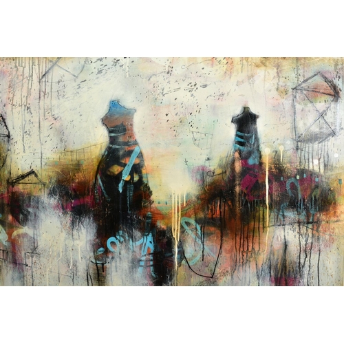 323 - JOHN AND ELLI MILIAN (AMERICAN CONTEMPORARY) 'URBAN THEORY IV', an abstract composition , signed bot... 