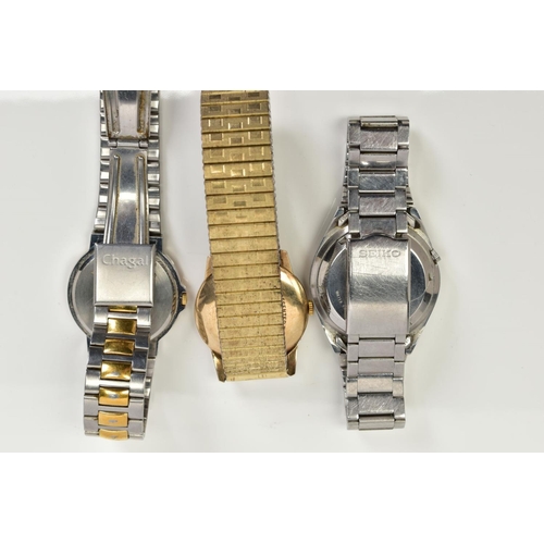 39 - THREE GENTLEMEN'S WRISTWATCHES, to include one with a silver dial, Arabic and baton markers, a secon... 