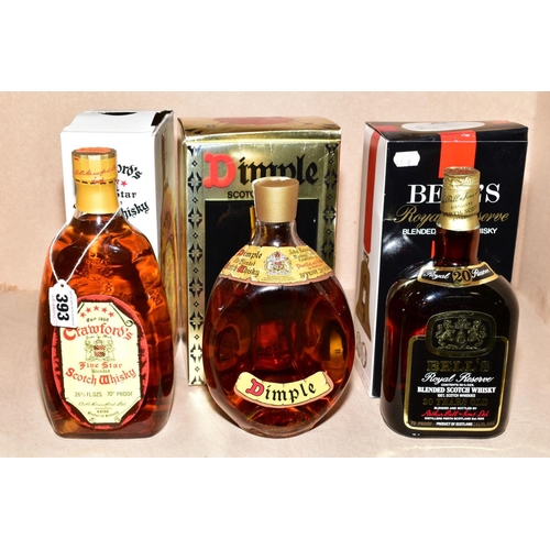 393 - THREE BOTTLES OF BLENDED WHISKY, comprising one bottle of Crawford's Five Star Scotch Whisky, 70% pr... 