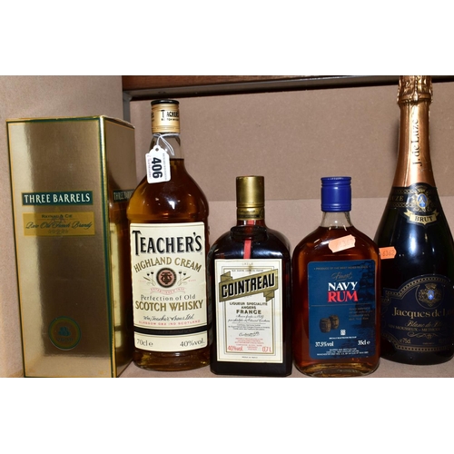 406 - A COLLECTION OF ALCOHOL, comprising Three Barrels Brandy, Teachers Highland Cream Whisky, Navy Rum (... 