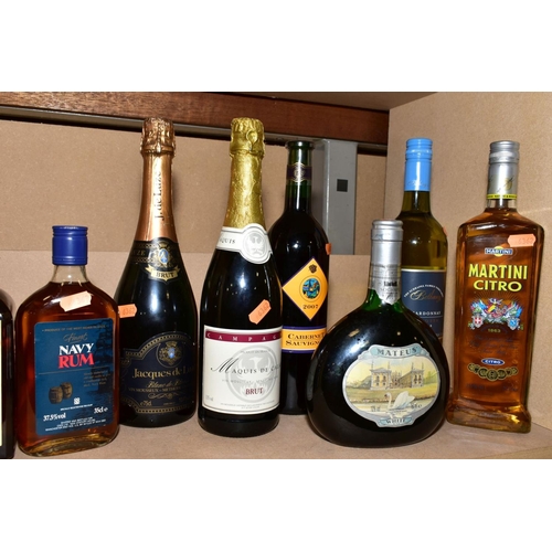 406 - A COLLECTION OF ALCOHOL, comprising Three Barrels Brandy, Teachers Highland Cream Whisky, Navy Rum (... 