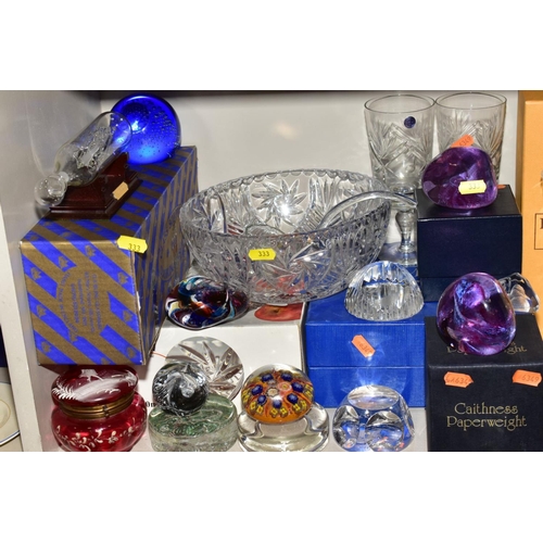 333 - A COLLECTION OF GLASSWARE, including Sturart Crystal, cut glass decanter, boxed Jobling glass ship i... 