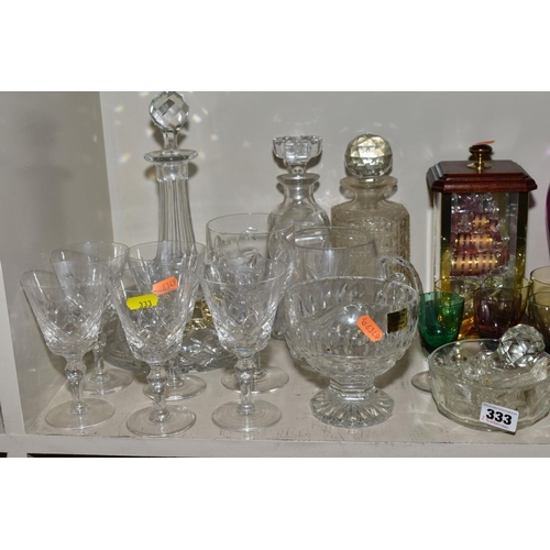 333 - A COLLECTION OF GLASSWARE, including Sturart Crystal, cut glass decanter, boxed Jobling glass ship i... 