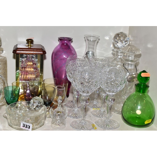 333 - A COLLECTION OF GLASSWARE, including Sturart Crystal, cut glass decanter, boxed Jobling glass ship i... 