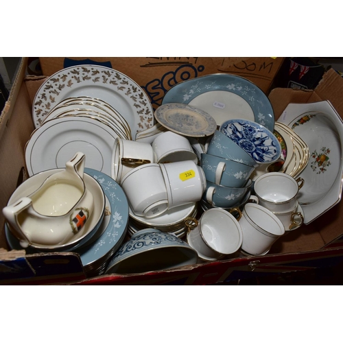 334 - TWO BOXES OF CERAMICS AND METALWARE including Royal Doulton 'Reflections' tea wares, Rosina tea ware... 