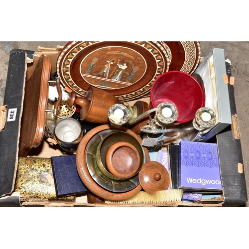 338 - THREE BOXES AND LOOSE OF MISCELLANEOUS ITEMS, including books, Ordnance Survey maps, treen, table la... 