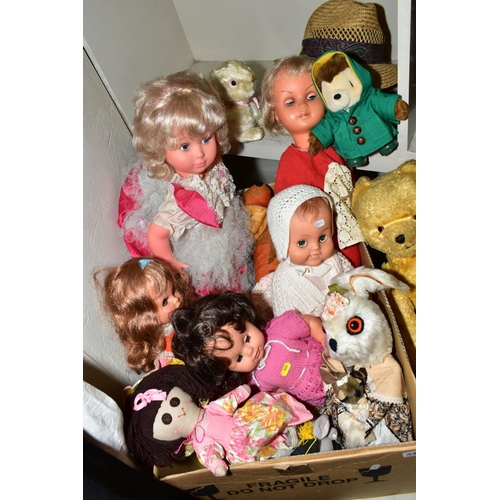 340 - TWO BOXES AND LOOSE OF DOLLS, TOYS AND SOFT TOYS, including a  wood straw filled growler bear having... 