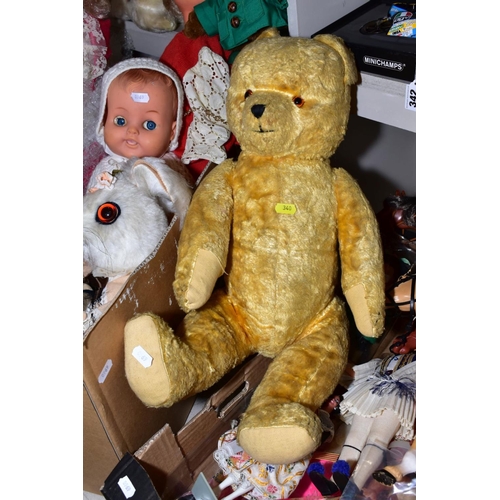 340 - TWO BOXES AND LOOSE OF DOLLS, TOYS AND SOFT TOYS, including a  wood straw filled growler bear having... 