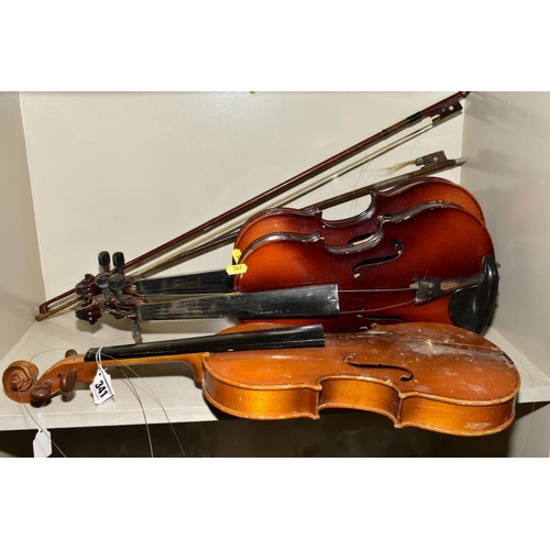 341 - TWO TATRA VIOLINS by Rosetti, with a Chinese 'Lark' violin, all in need of some restoration, with tw... 