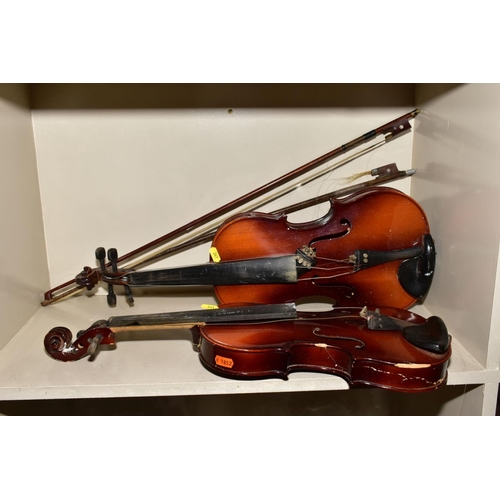 341 - TWO TATRA VIOLINS by Rosetti, with a Chinese 'Lark' violin, all in need of some restoration, with tw... 