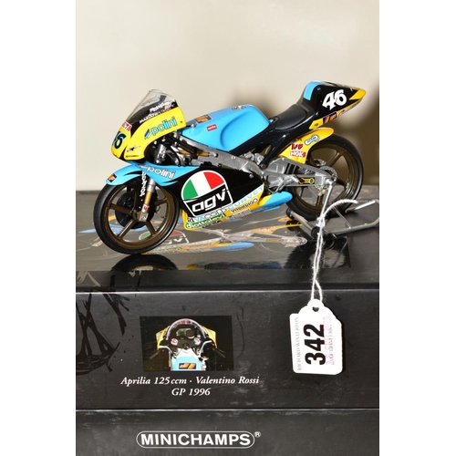 342 - BOXED MINICHAMPS APRILIA 125CCM VALENTINO ROSSI GP1996, with a boxed Aprilia RSW 250cm Valentino Ros... 