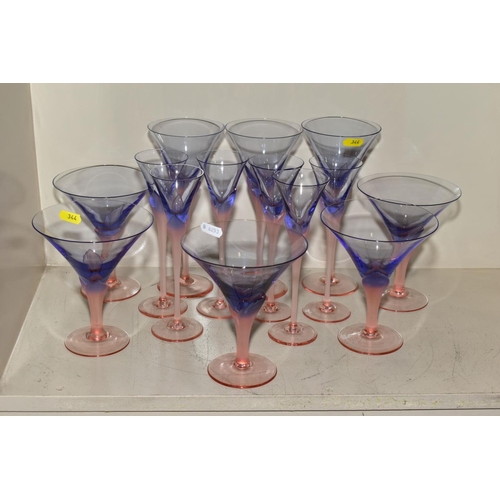 344 - A GROUP OF STUDIO GLASS, WINE GLASSES, ETC, having pink stems and foot, holding blue bowls, includin... 