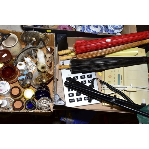 346 - 3 BOXES OF CERAMICS, GLASS AND MISCELLANEOUS ITEMS, including blue and white ginger jars, Spode tea ... 