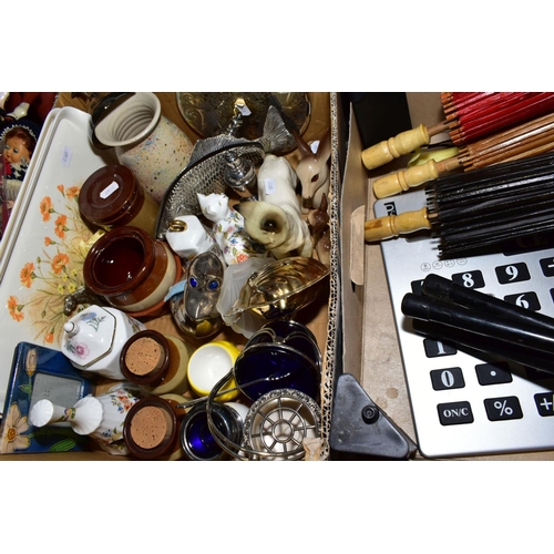 346 - 3 BOXES OF CERAMICS, GLASS AND MISCELLANEOUS ITEMS, including blue and white ginger jars, Spode tea ... 