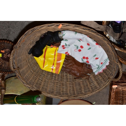 347 - A DYED BROWN CONEY JACKET WITH HATS, UMBRELLA, Chinese parasol, five baskets, a Treen bead basket, t... 