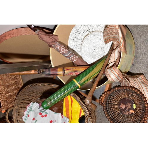 347 - A DYED BROWN CONEY JACKET WITH HATS, UMBRELLA, Chinese parasol, five baskets, a Treen bead basket, t... 